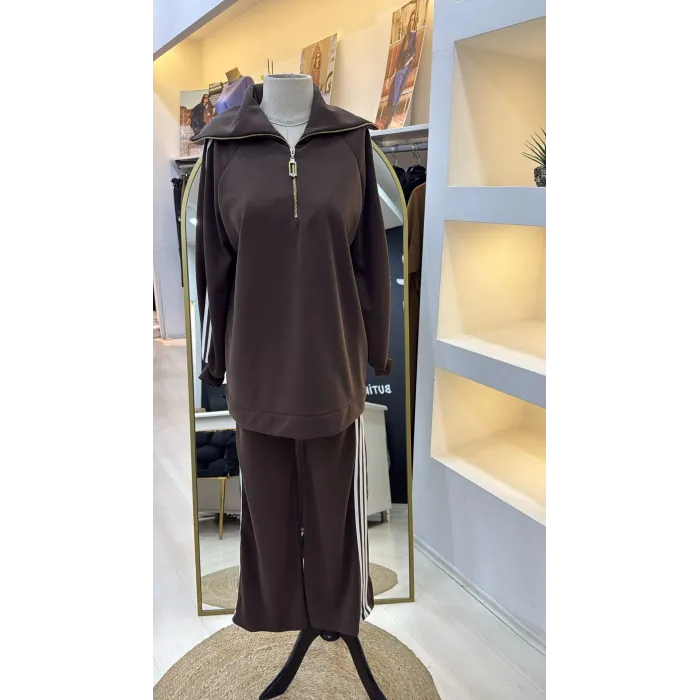 Nuss 1093 Şerit Desenli Pantolonlu Takım - kahve