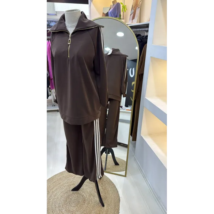 Nuss 1093 Şerit Desenli Pantolonlu Takım - kahve