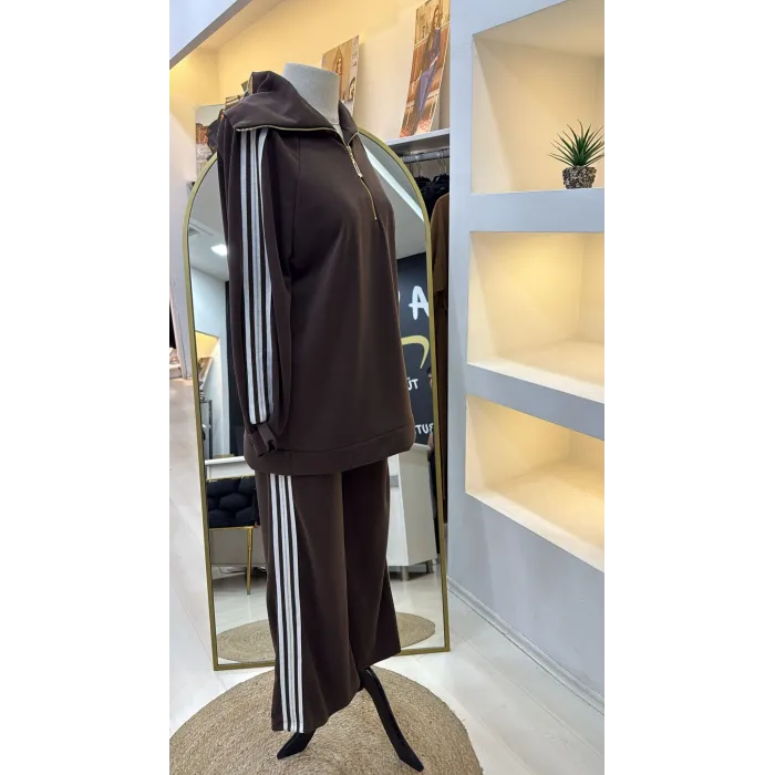 Nuss 1093 Şerit Desenli Pantolonlu Takım - kahve