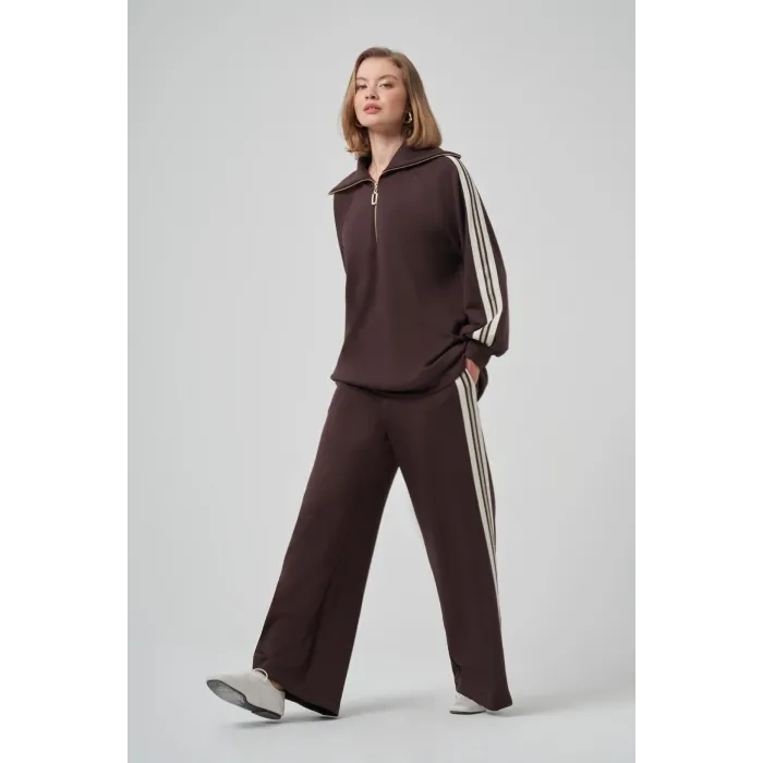 Nuss 1093 Şerit Desenli Pantolonlu Takım - kahve