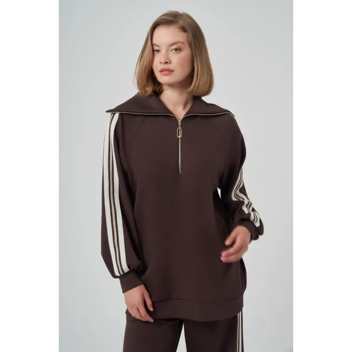 Nuss 1093 Şerit Desenli Pantolonlu Takım - kahve