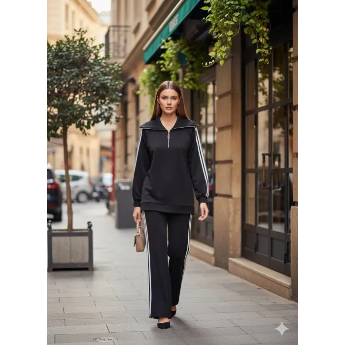 Nuss 1093 Şerit Desenli Pantolonlu Takım - siyah