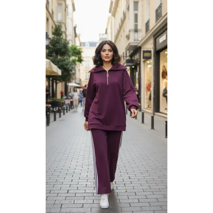 Nuss 1093 Şerit Desenli Pantolonlu Takım - mürdum