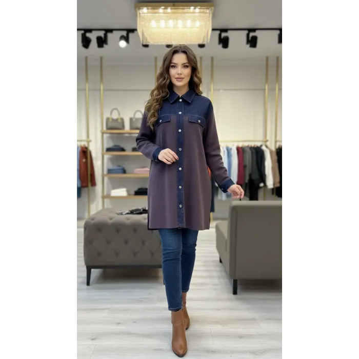 İnvee  Denim Detaylı Gömlek Ceket 7203 Gül
