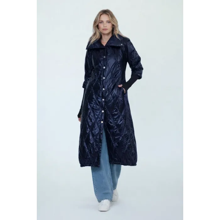 İnvee  Çıtçıt Kapamalı Uzun Kapitone Mont - Lacivert