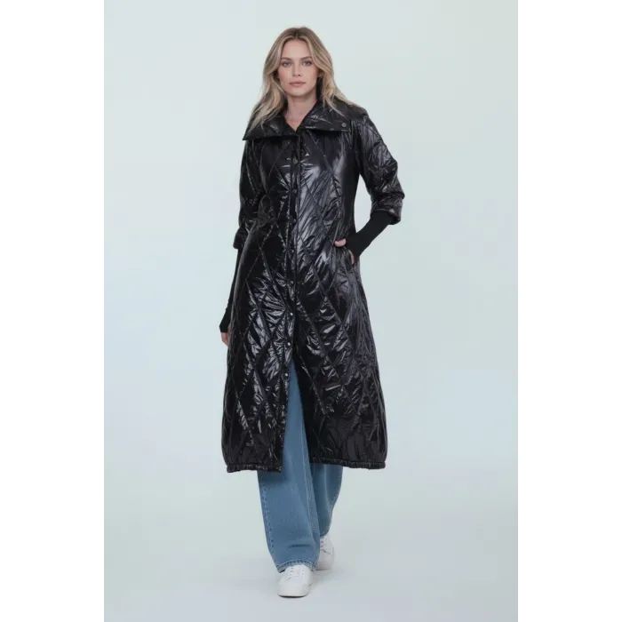 İnvee Çıtçıt Kapamalı Uzun Kapitone Mont - SİYAH