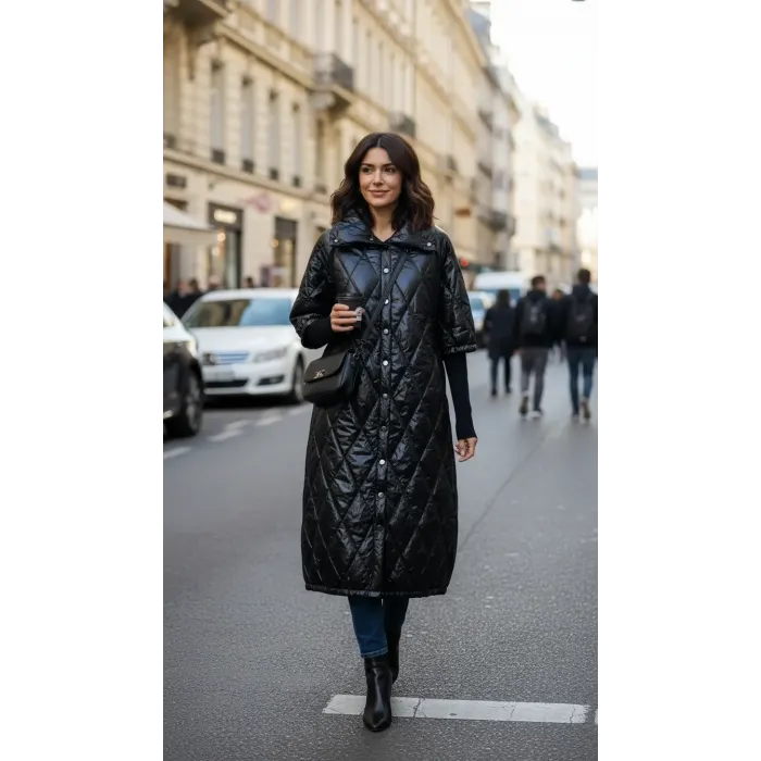 İnvee Çıtçıt Kapamalı Uzun Kapitone Mont - SİYAH