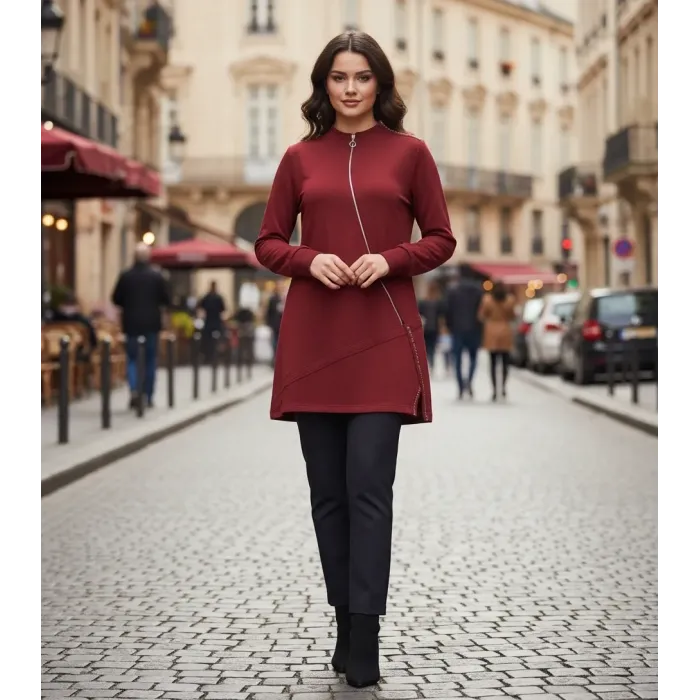 İnvee Vektör Tunik FERMUAR DETAYLİ  7218 BORDO