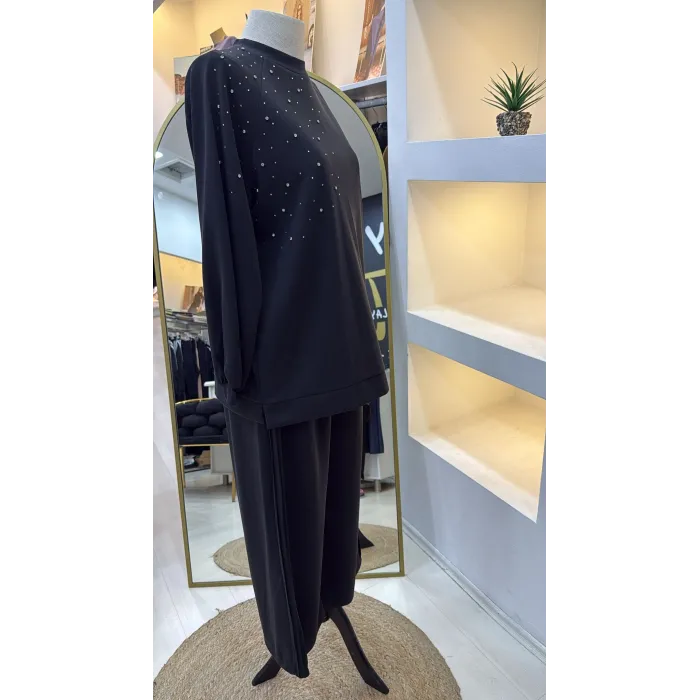 NUSS 1076 TAŞ DETAY TAKIM SİYAH