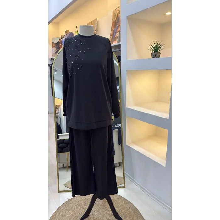 NUSS 1076 TAŞ DETAY TAKIM SİYAH