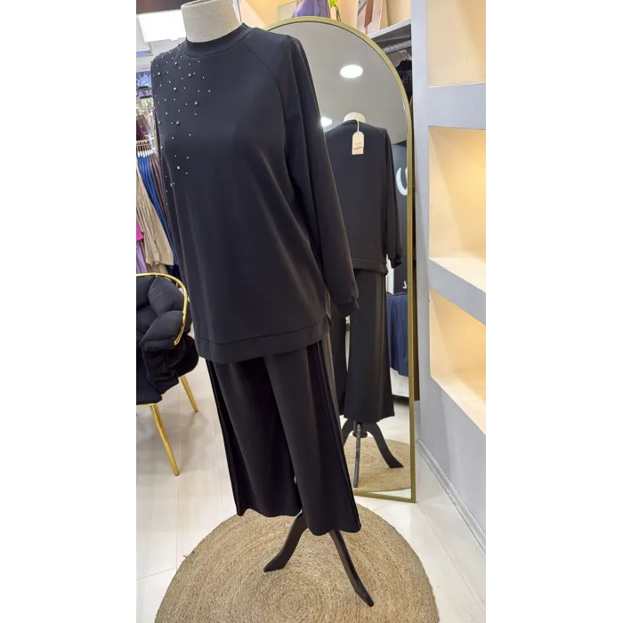 NUSS 1076 TAŞ DETAY TAKIM SİYAH