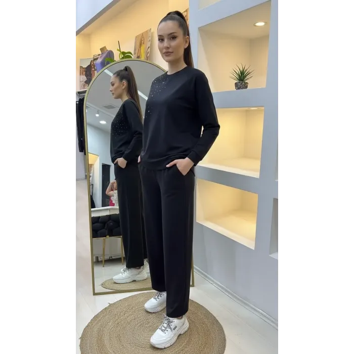 NUSS 1076 TAŞ DETAY TAKIM SİYAH