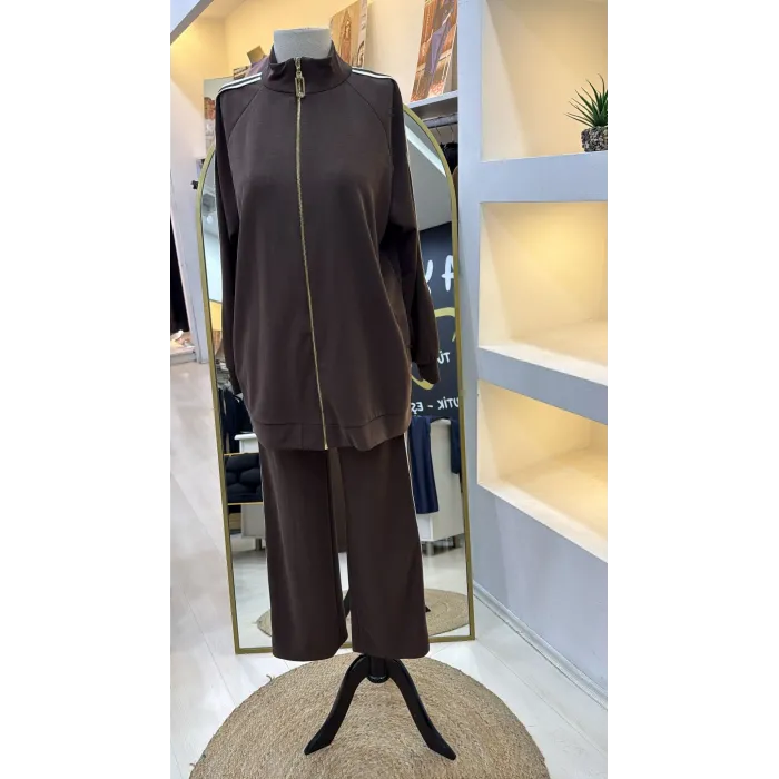 Nuss 1092 Şerit Desenli Pantolonlu Takım - kahve