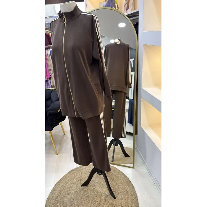 Nuss 1092 Şerit Desenli Pantolonlu Takım - kahve