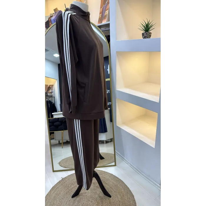 Nuss 1092 Şerit Desenli Pantolonlu Takım - kahve