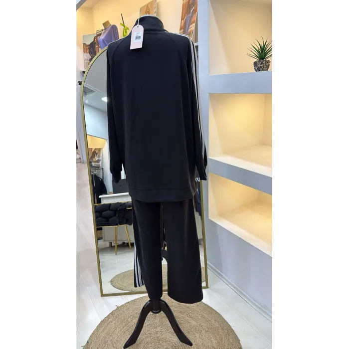 Nuss 1092 Şerit Desenli Pantolonlu Takım - SİYAH