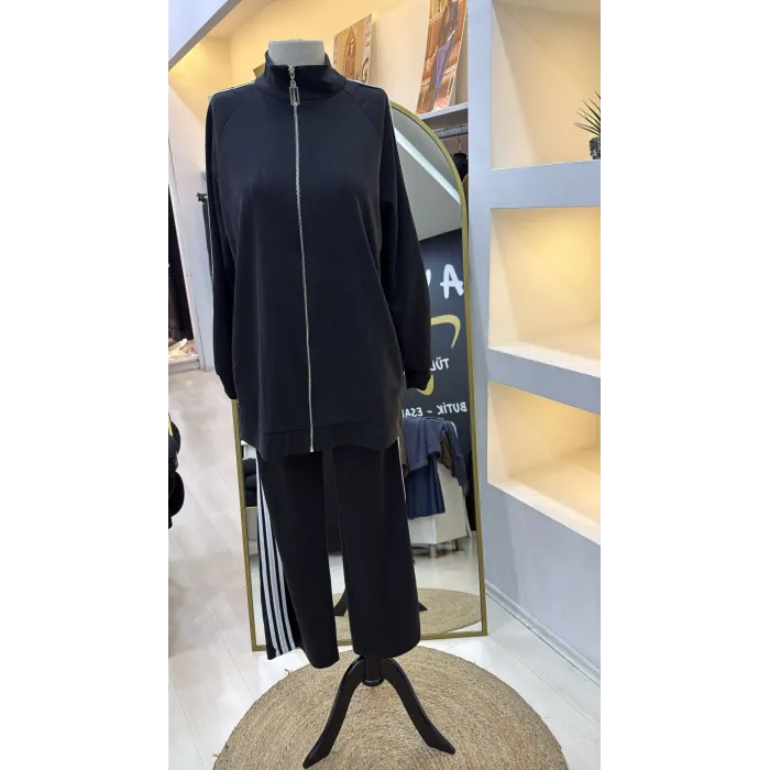 Nuss 1092 Şerit Desenli Pantolonlu Takım - SİYAH