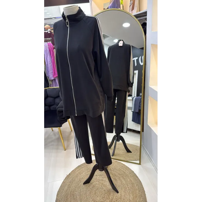 Nuss 1092 Şerit Desenli Pantolonlu Takım - SİYAH