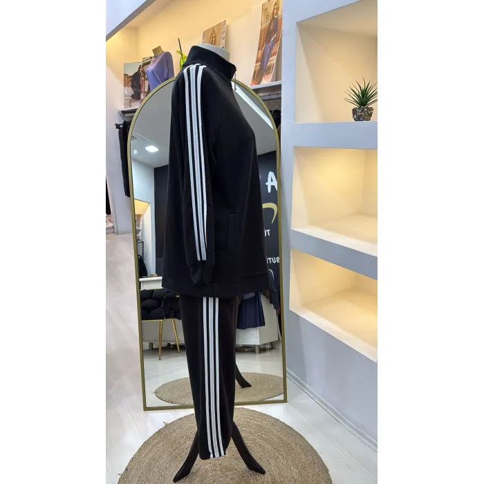 Nuss 1092 Şerit Desenli Pantolonlu Takım - SİYAH