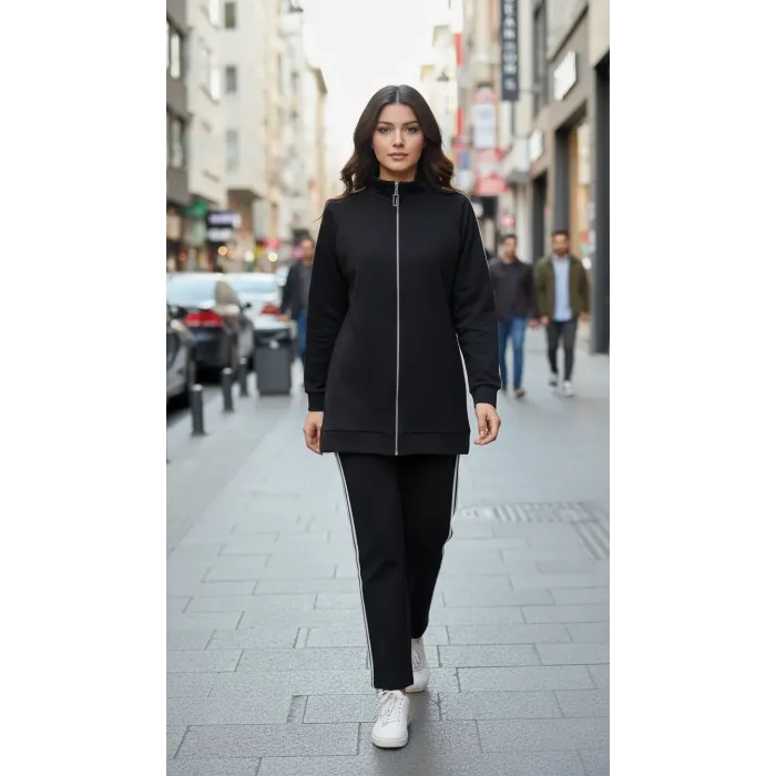 Nuss 1092 Şerit Desenli Pantolonlu Takım - SİYAH