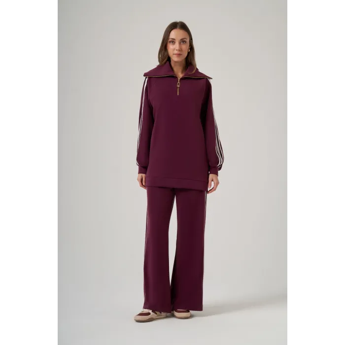 Nuss 1093 Şerit Desenli Pantolonlu Takım - mürdum