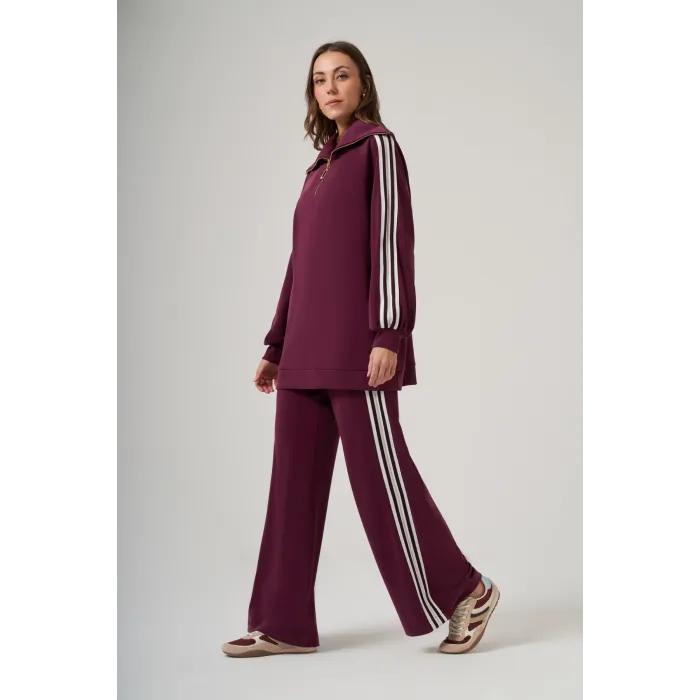 Nuss 1093 Şerit Desenli Pantolonlu Takım - mürdum