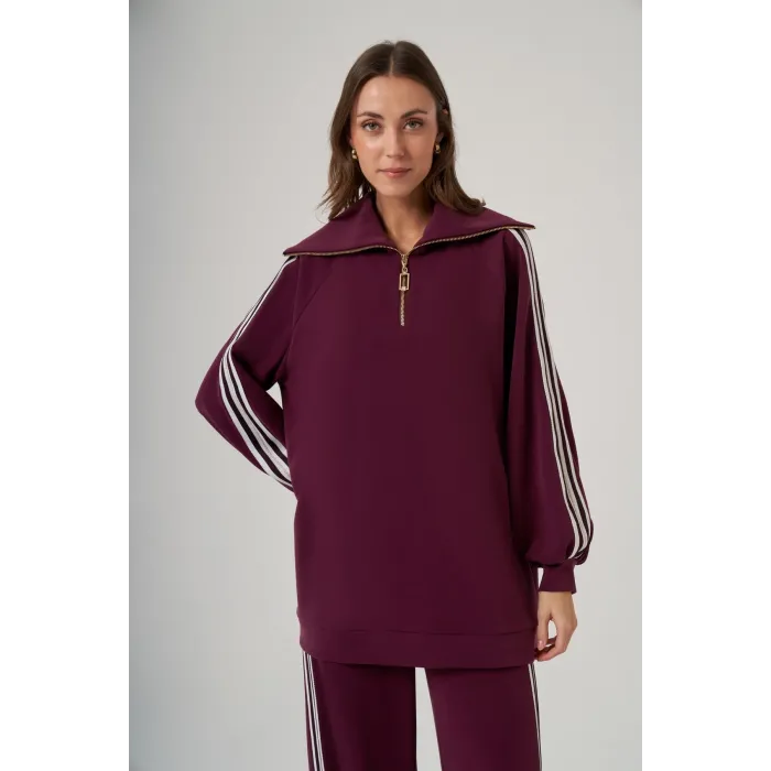 Nuss 1093 Şerit Desenli Pantolonlu Takım - mürdum