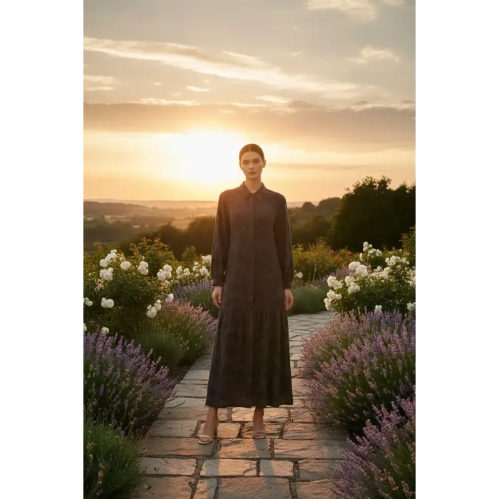 Nuss 2038 İpek Cupra Ebruli Desen Elbise - Kahve