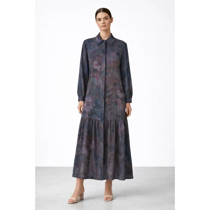 Nuss 2038 İpek Cupra Ebruli Desen Elbise - LİLA