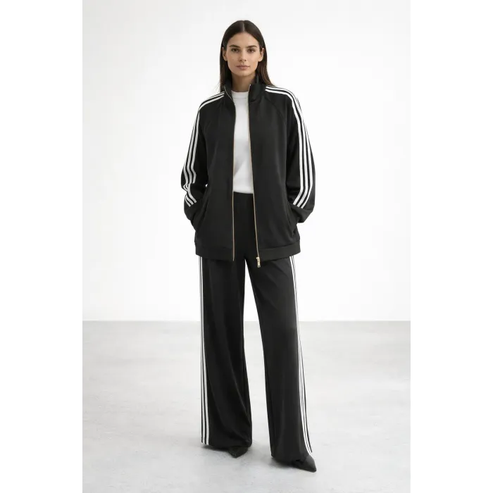 Nuss 1092 Şerit Desenli Pantolonlu Takım - SİYAH