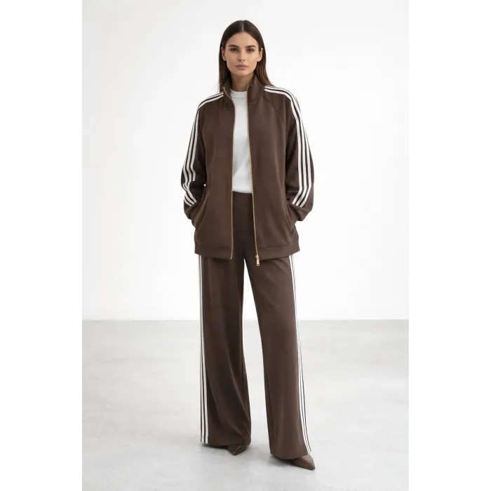 Nuss 1092 Şerit Desenli Pantolonlu Takım - kahve