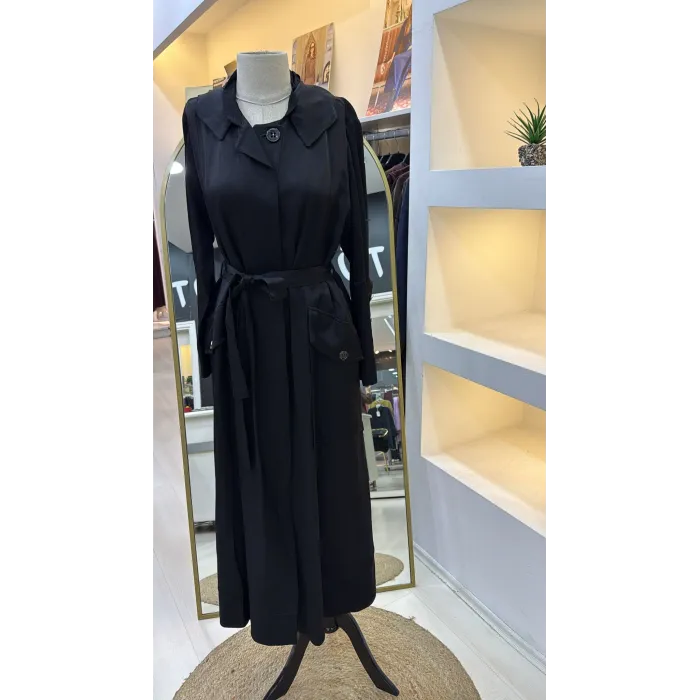 Misswhence Cep Detaylı Kapüşonlu Chanel Keten Pardesü 39504 SİYAH