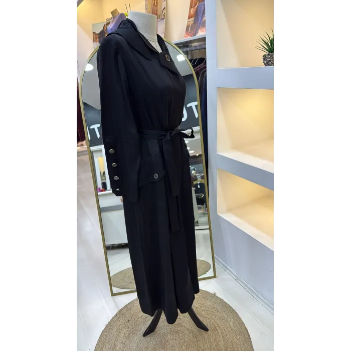 Misswhence Cep Detaylı Kapüşonlu Chanel Keten Pardesü 39504 SİYAH