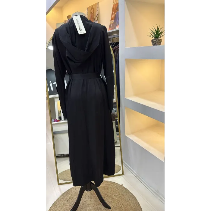 Misswhence Cep Detaylı Kapüşonlu Chanel Keten Pardesü 39504 SİYAH