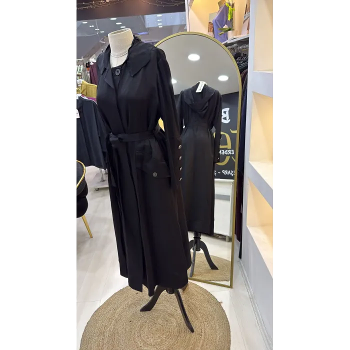 Misswhence Cep Detaylı Kapüşonlu Chanel Keten Pardesü 39504 SİYAH