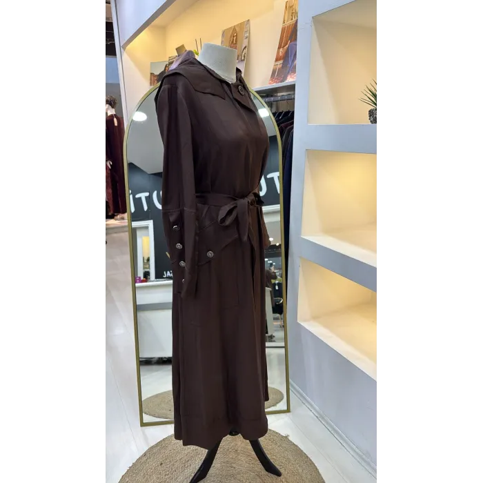 Misswhence Cep Detaylı Kapüşonlu Chanel Keten Pardesü 39504 KAHVE