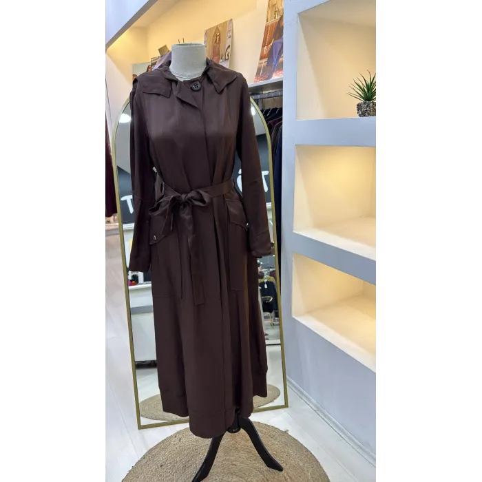 Misswhence Cep Detaylı Kapüşonlu Chanel Keten Pardesü 39504 KAHVE