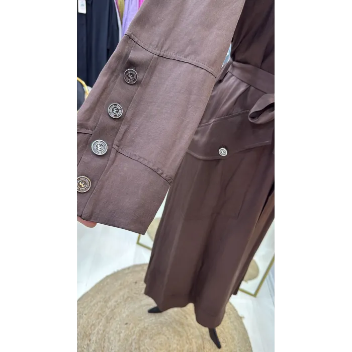 Misswhence Cep Detaylı Kapüşonlu Chanel Keten Pardesü 39504 KAHVE