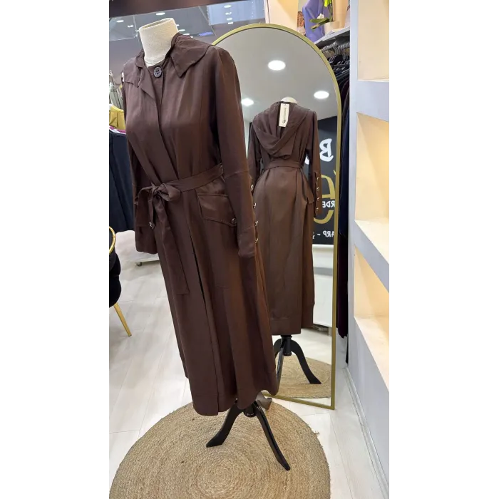 Misswhence Cep Detaylı Kapüşonlu Chanel Keten Pardesü 39504 KAHVE