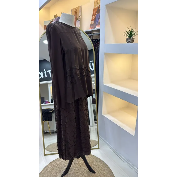 Misswhence Cupra İpek Etekli Bluz Takım 39002 KAHVE