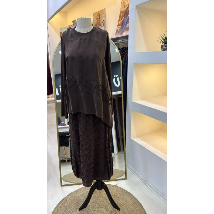 Misswhence Cupra İpek Etekli Bluz Takım 39002 KAHVE