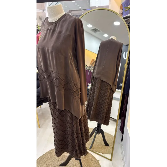 Misswhence Cupra İpek Etekli Bluz Takım 39002 KAHVE