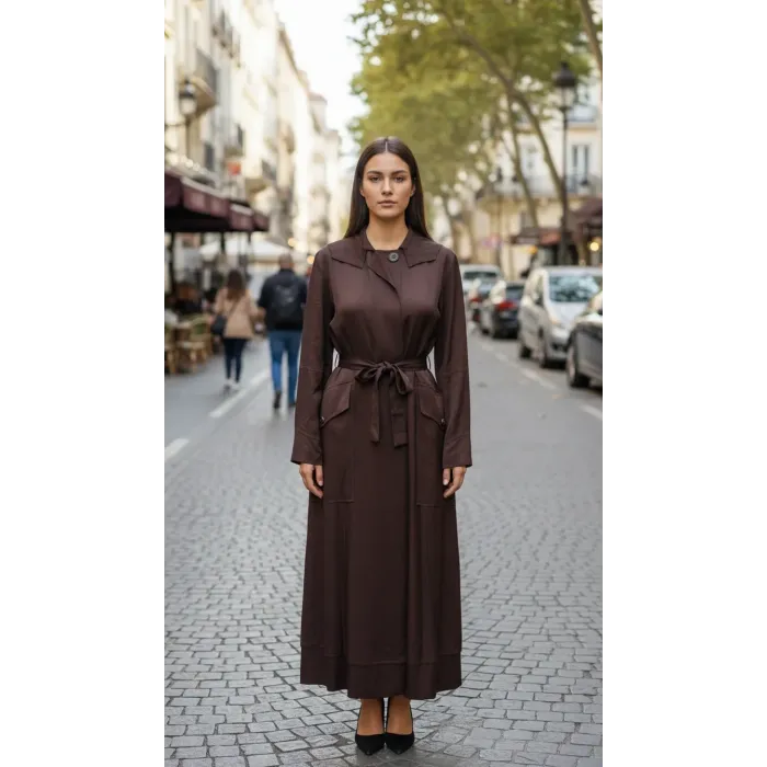 Misswhence Cep Detaylı Kapüşonlu Chanel Keten Pardesü 39504 KAHVE