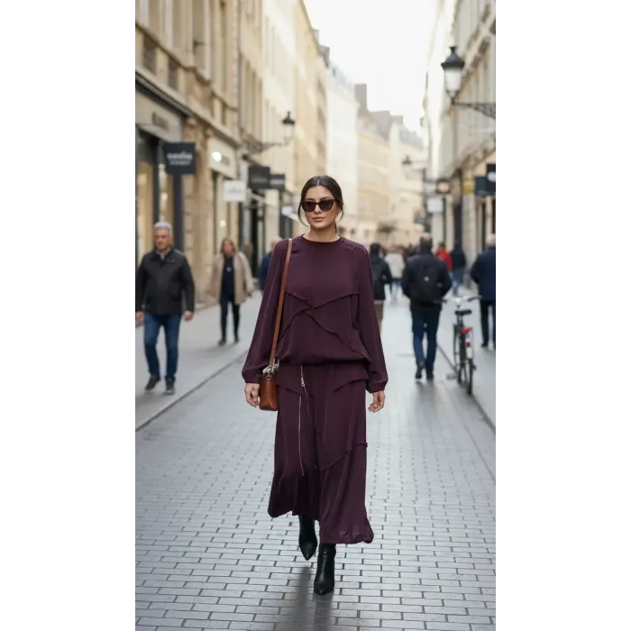 Misswhence Fermuar Detaylı Etek Bluz Takım 39020 bordo