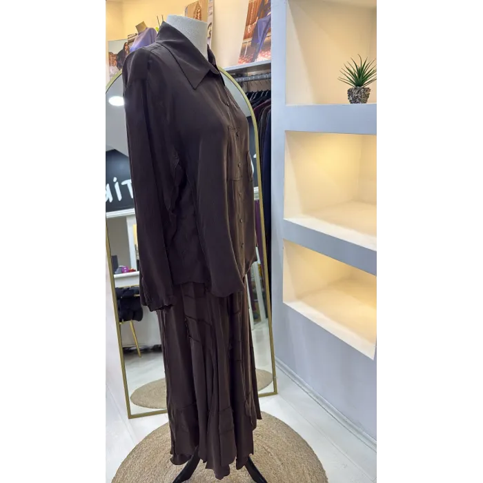 Misswhence Cupra İpek Etekli Gömlek Takım 39304 KAHVE