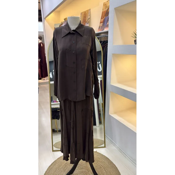 Misswhence Cupra İpek Etekli Gömlek Takım 39304 KAHVE