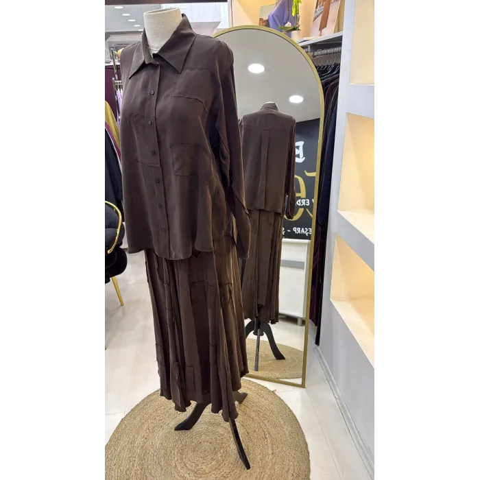 Misswhence Cupra İpek Etekli Gömlek Takım 39304 KAHVE