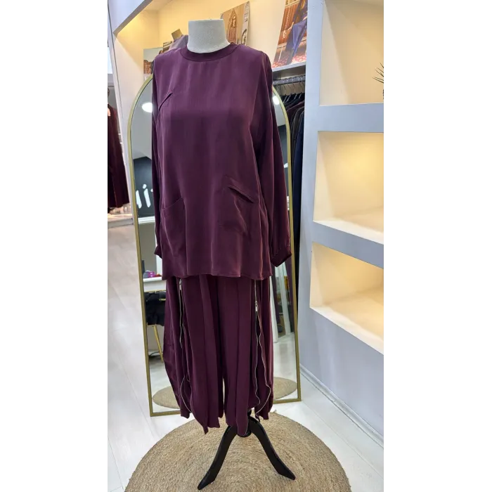Misswhence İçi Pantolonlu Cupra İpek Tunik Şalvar Takım 39004 bordo