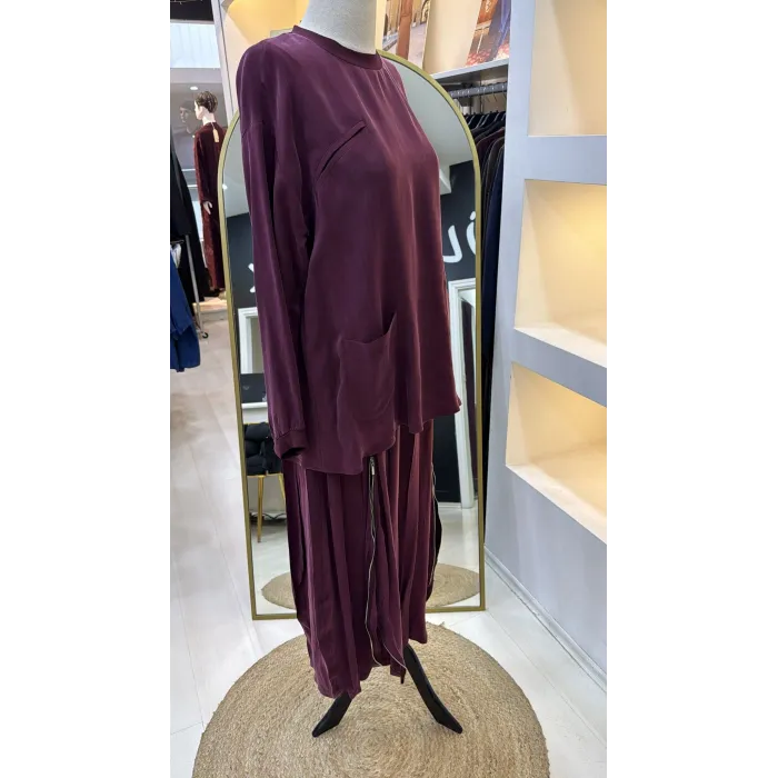 Misswhence İçi Pantolonlu Cupra İpek Tunik Şalvar Takım 39004 bordo