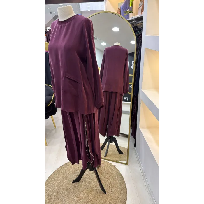 Misswhence İçi Pantolonlu Cupra İpek Tunik Şalvar Takım 39004 bordo